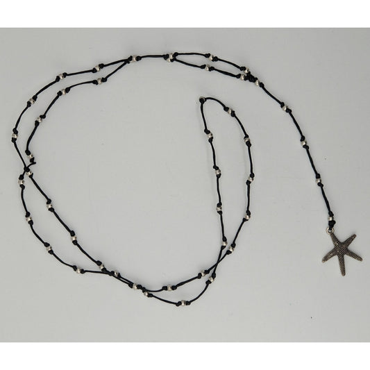 Starfish Lariat Necklace Beach Coastal Black Cord Silver Beaded