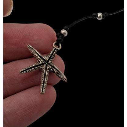 Starfish Lariat Necklace Beach Coastal Black Cord Silver Beaded