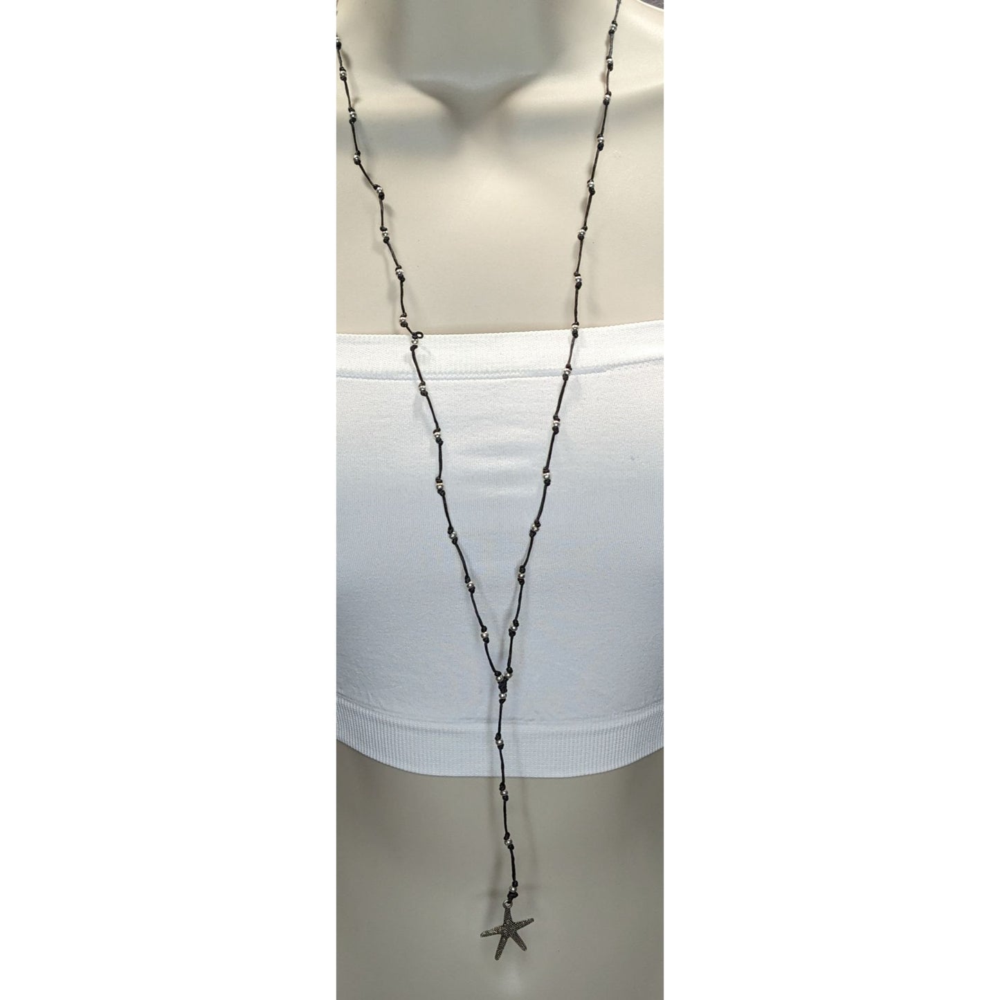 Starfish Lariat Necklace Beach Coastal Black Cord Silver Beaded