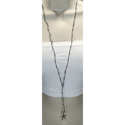 Starfish Lariat Necklace Beach Coastal Black Cord Silver Beaded