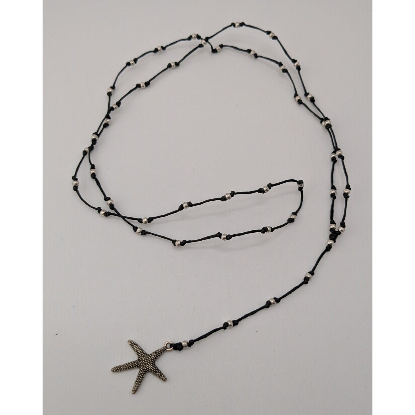 Starfish Lariat Necklace Beach Coastal Black Cord Silver Beaded