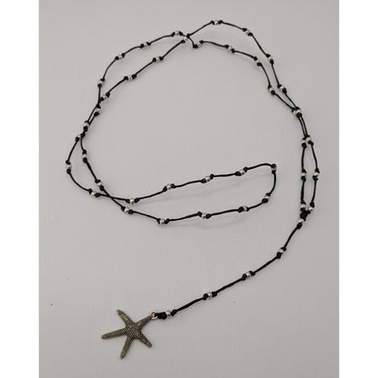 Starfish Lariat Necklace Beach Coastal Black Cord Silver Beaded