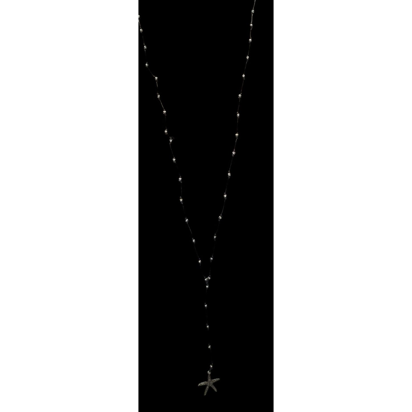 Starfish Lariat Necklace Beach Coastal Black Cord Silver Beaded