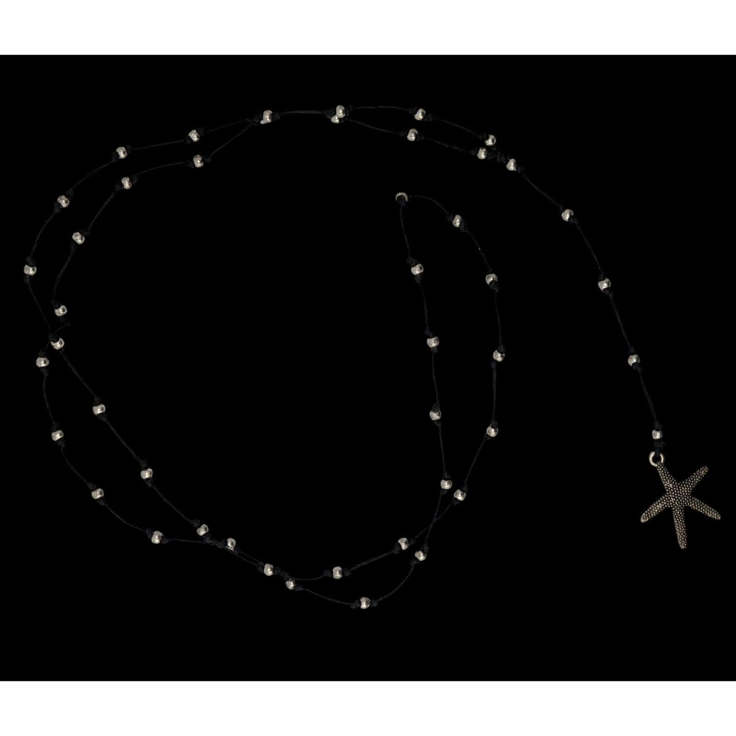 Starfish Lariat Necklace Beach Coastal Black Cord Silver Beaded