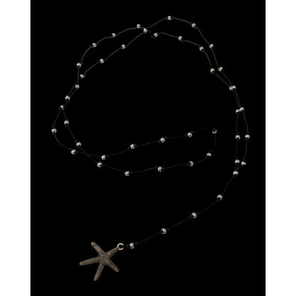 Starfish Lariat Necklace Beach Coastal Black Cord Silver Beaded