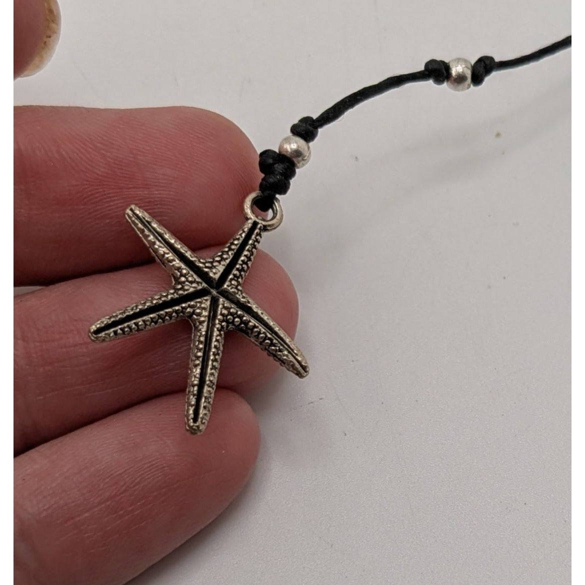 Starfish Lariat Necklace Beach Coastal Black Cord Silver Beaded
