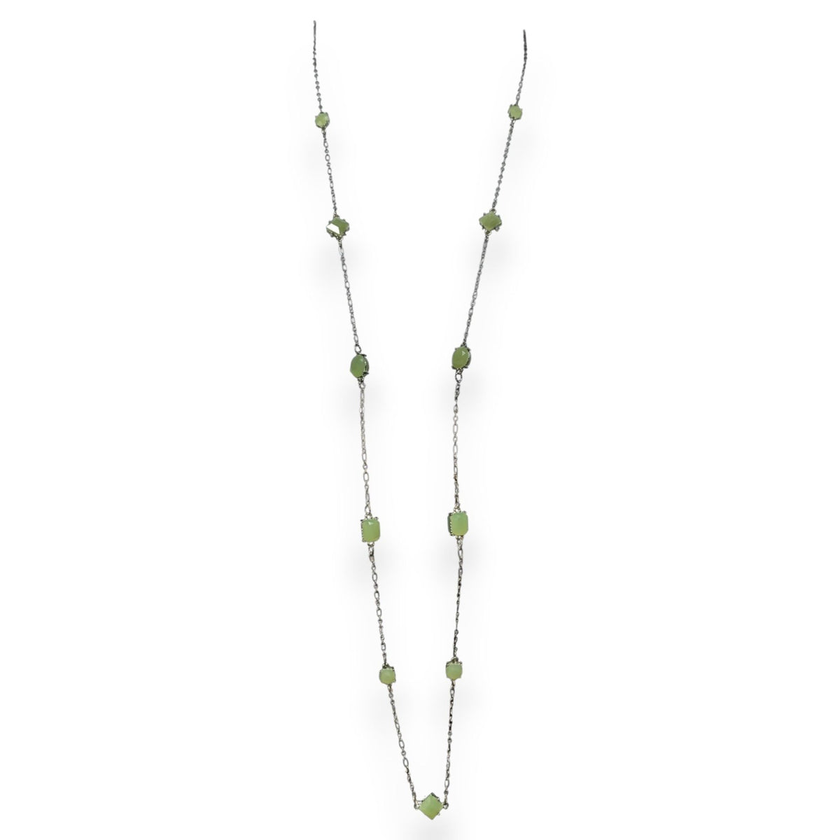 Charming Charlie Ethereal Glass Green Silver Tone Station Necklace 38 Inch