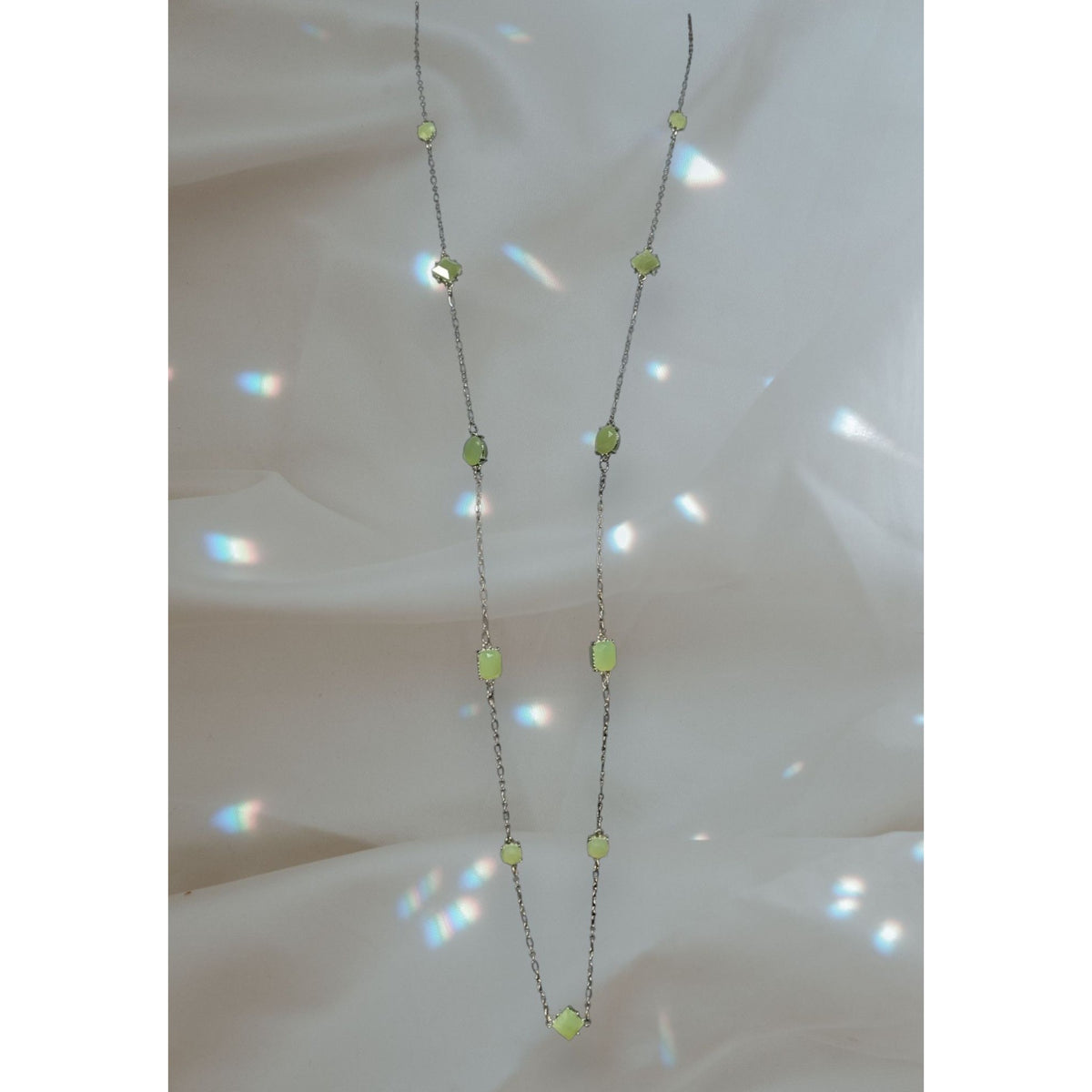 Charming Charlie Ethereal Glass Green Silver Tone Station Necklace 38 Inch