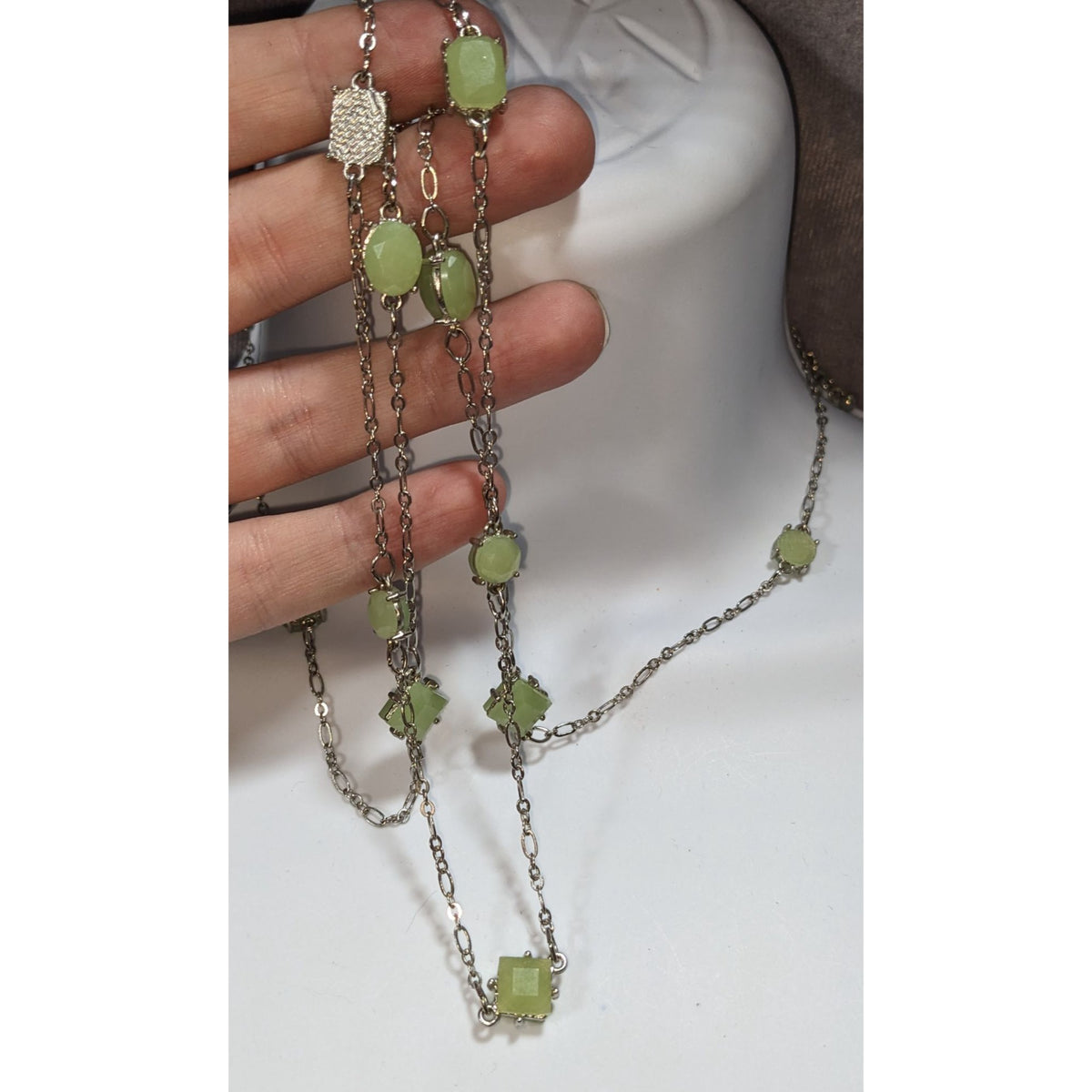Charming Charlie Ethereal Glass Green Silver Tone Station Necklace 38 Inch