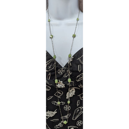 Charming Charlie Ethereal Glass Green Silver Tone Station Necklace 38 Inch