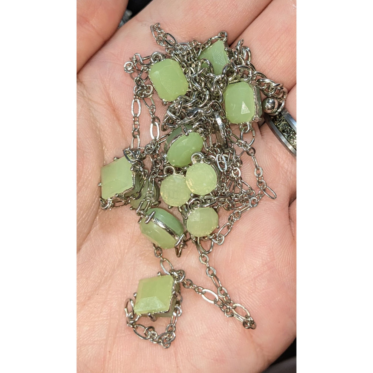 Charming Charlie Ethereal Glass Green Silver Tone Station Necklace 38 Inch