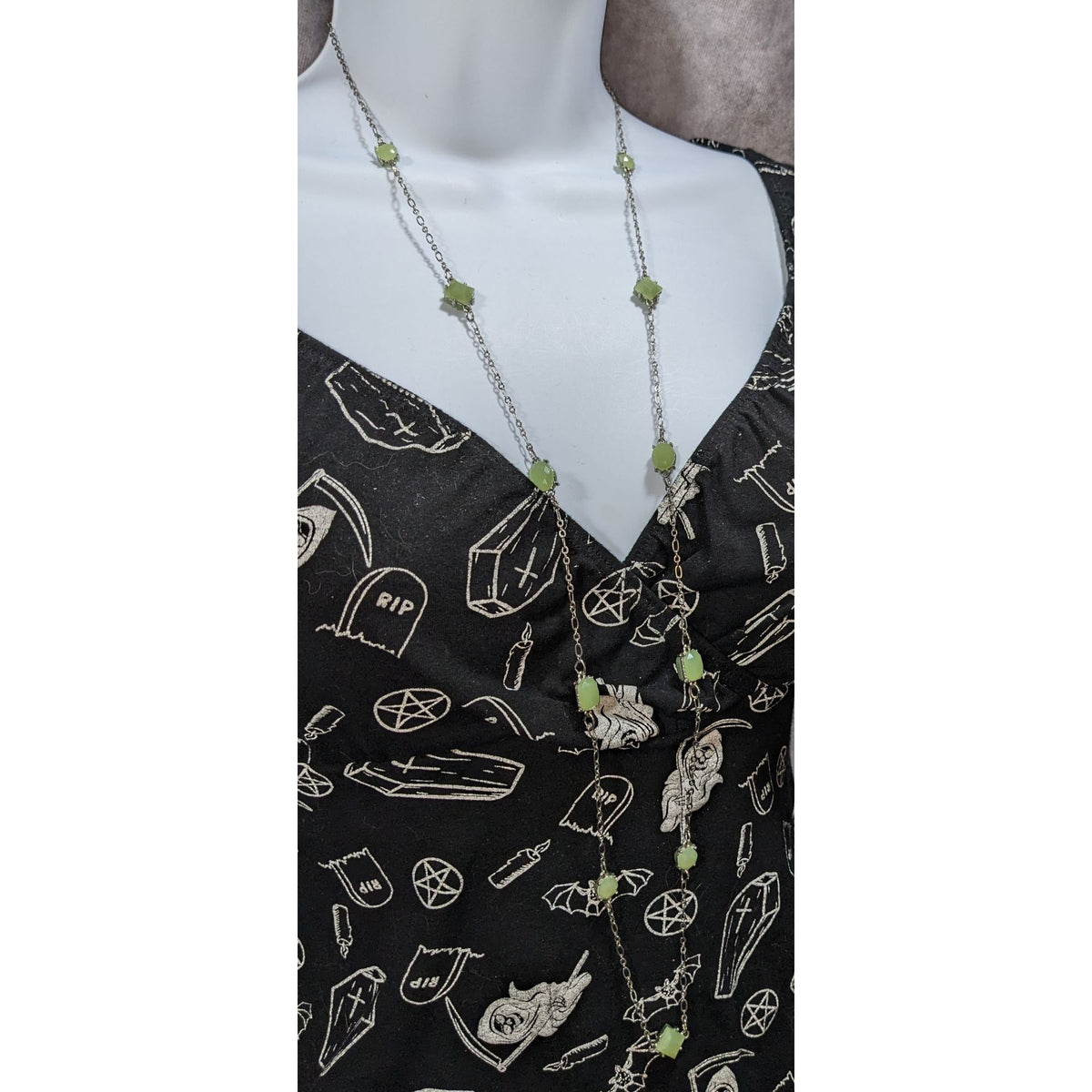Charming Charlie Ethereal Glass Green Silver Tone Station Necklace 38 Inch