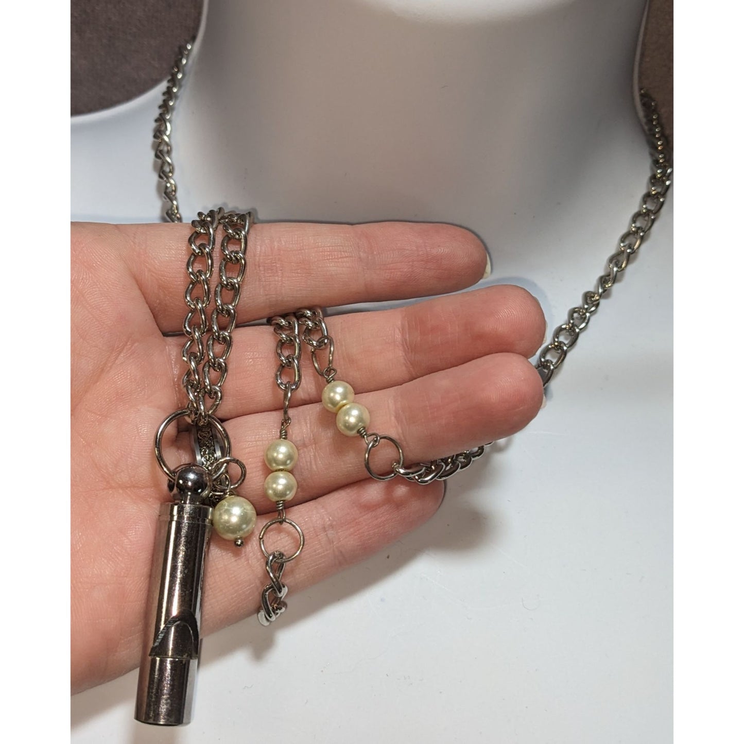 Blo Vintage Whistle Necklace With Faux Pearls & Chain