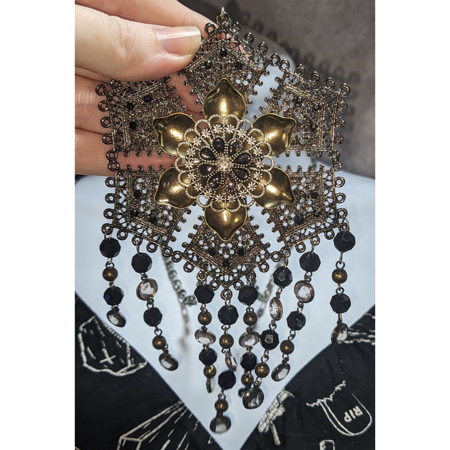 Goth Boho Filigree Flower Statement Necklace Black Crystal Beaded Fringe
