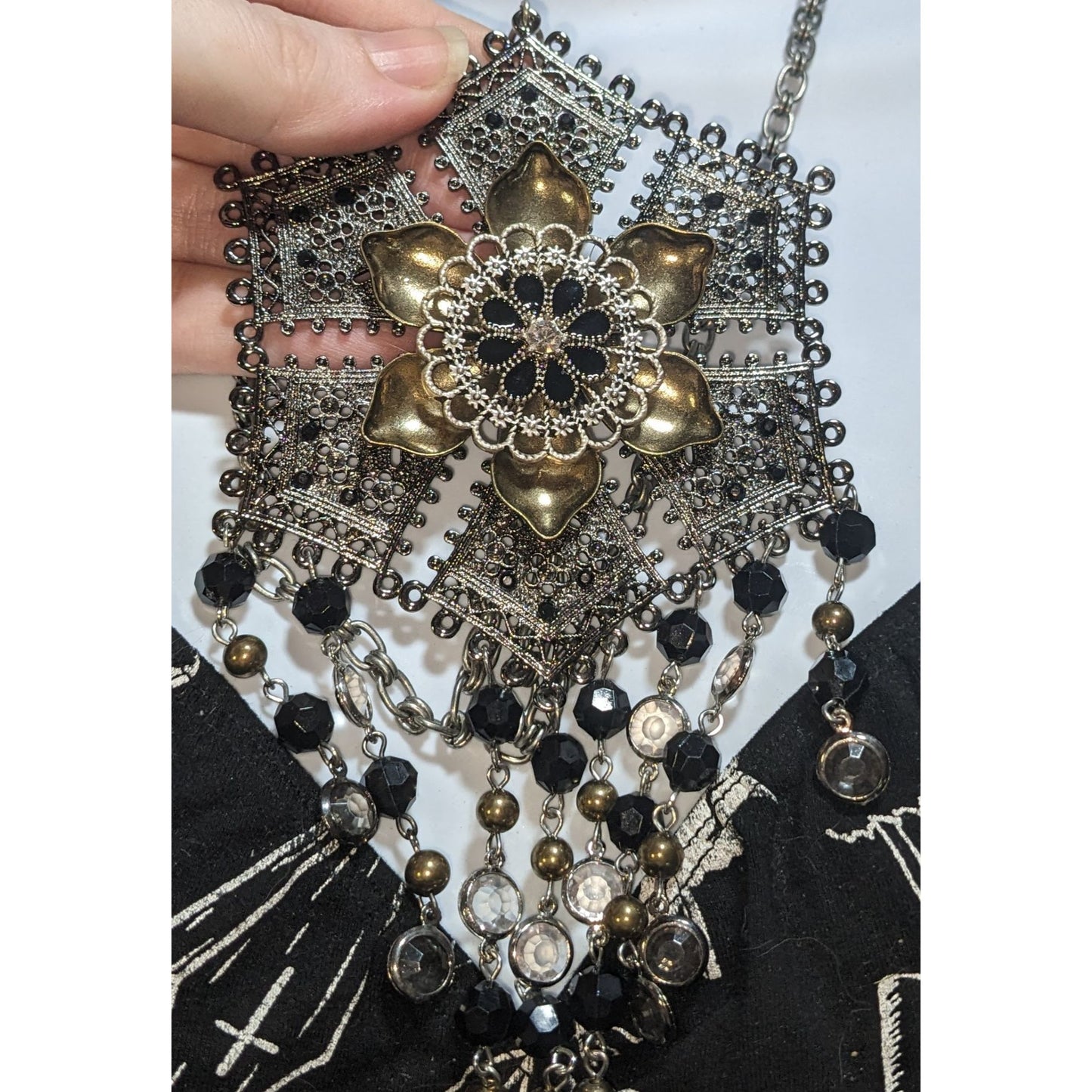 Goth Boho Filigree Flower Statement Necklace Black Crystal Beaded Fringe