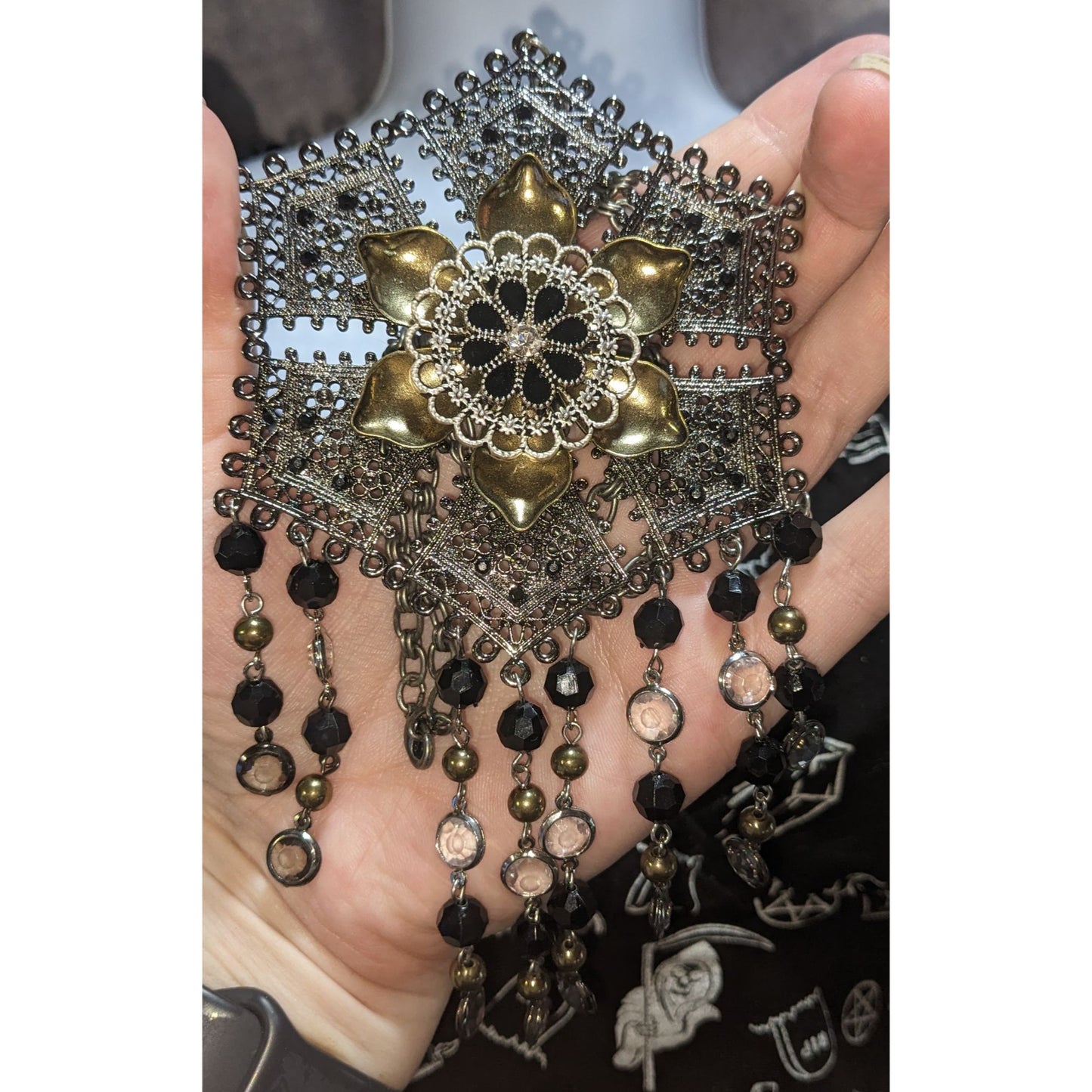 Goth Boho Filigree Flower Statement Necklace Black Crystal Beaded Fringe