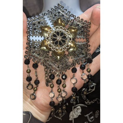 Goth Boho Filigree Flower Statement Necklace Black Crystal Beaded Fringe