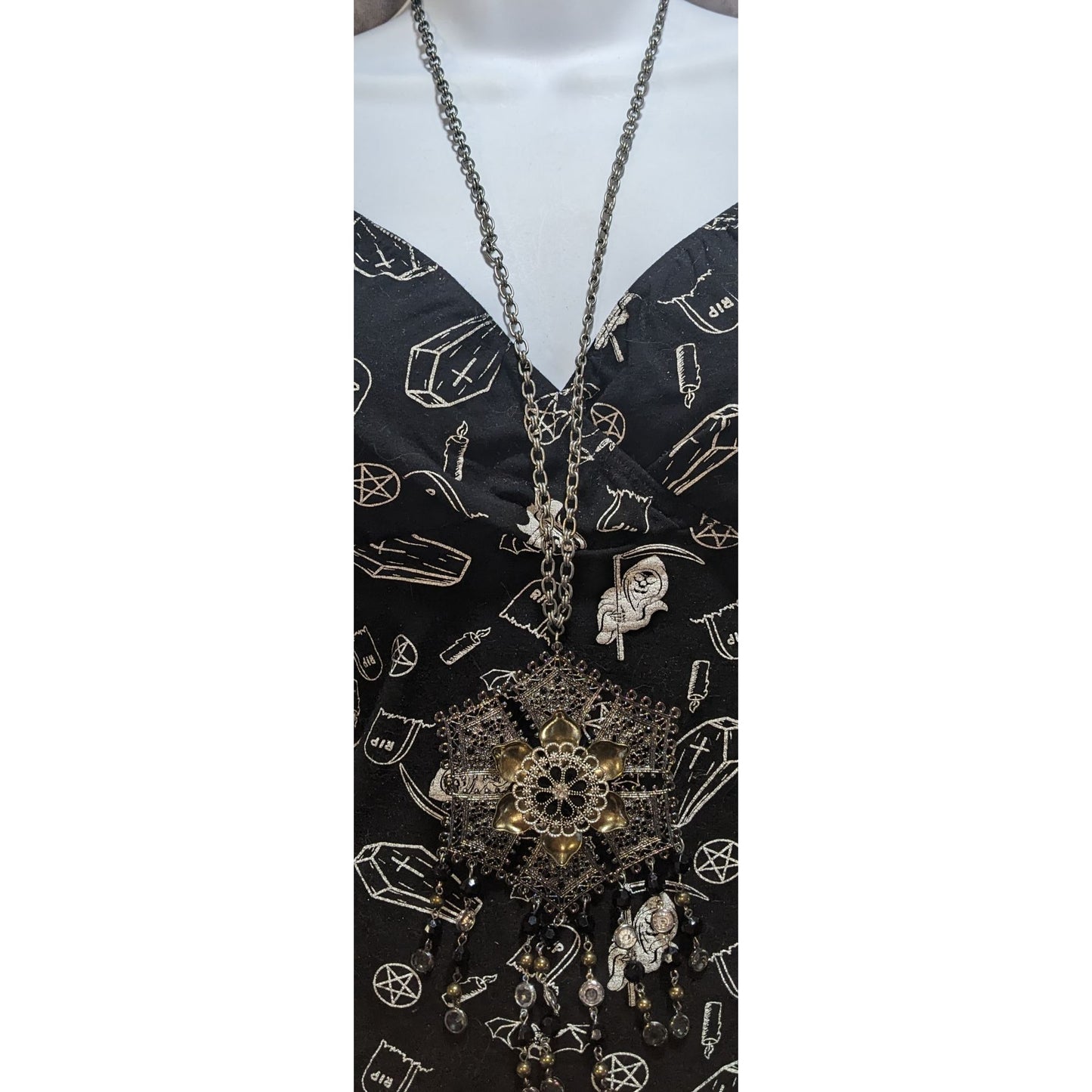 Goth Boho Filigree Flower Statement Necklace Black Crystal Beaded Fringe