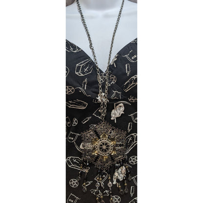 Goth Boho Filigree Flower Statement Necklace Black Crystal Beaded Fringe