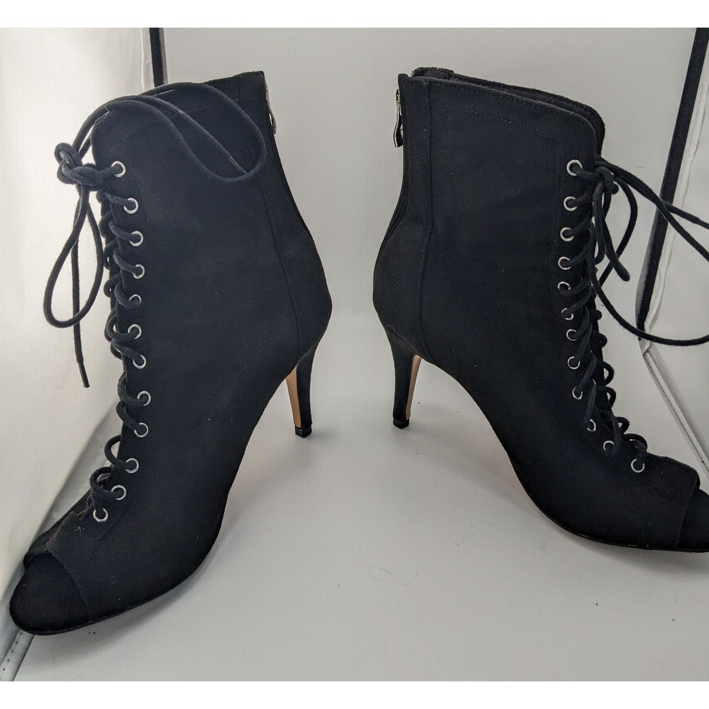 Burju Gothic Black Lace-Up Peep Toe Heeled Booties Size 9 Suede Rear Zipper Closure