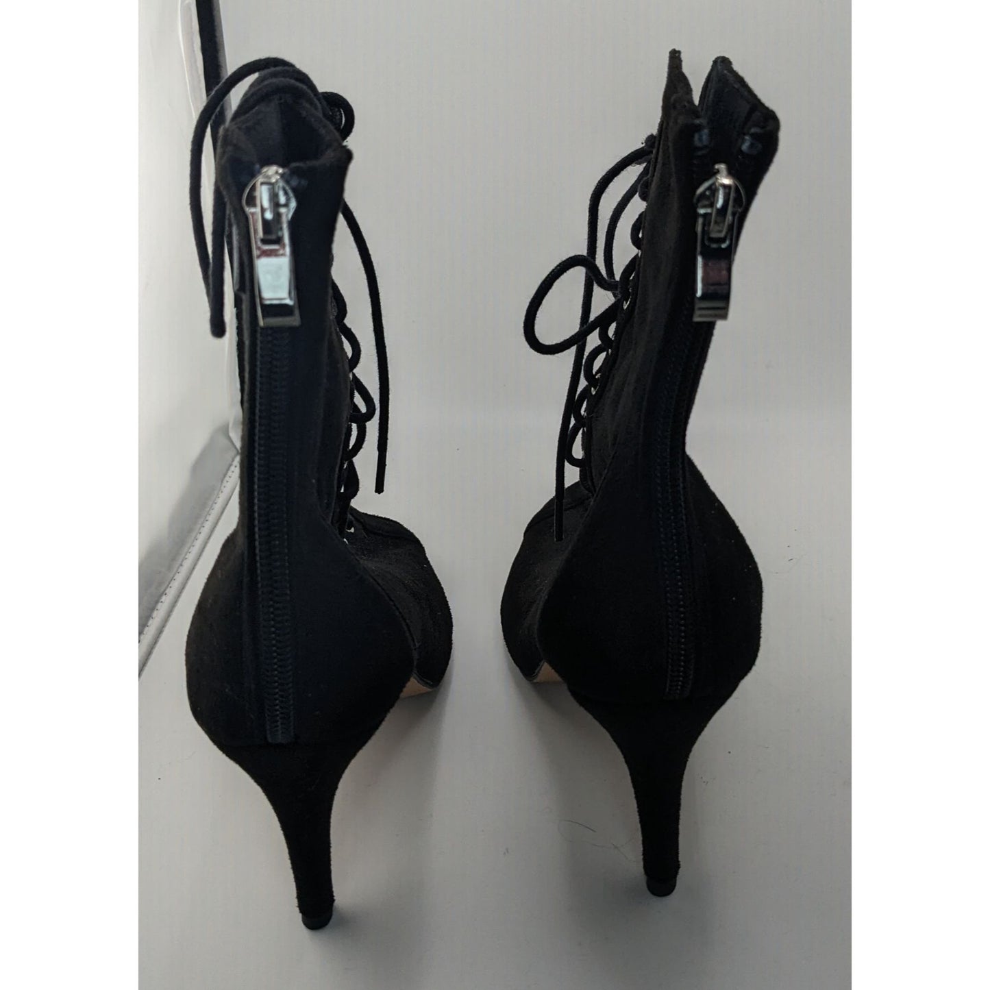 Burju Gothic Black Lace-Up Peep Toe Heeled Booties Size 9 Suede Rear Zipper Closure