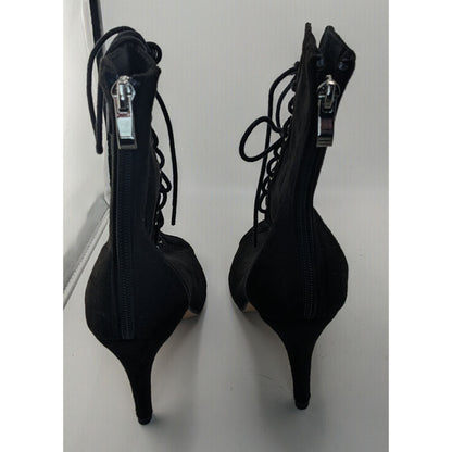 Burju Gothic Black Lace-Up Peep Toe Heeled Booties Size 9 Suede Rear Zipper Closure