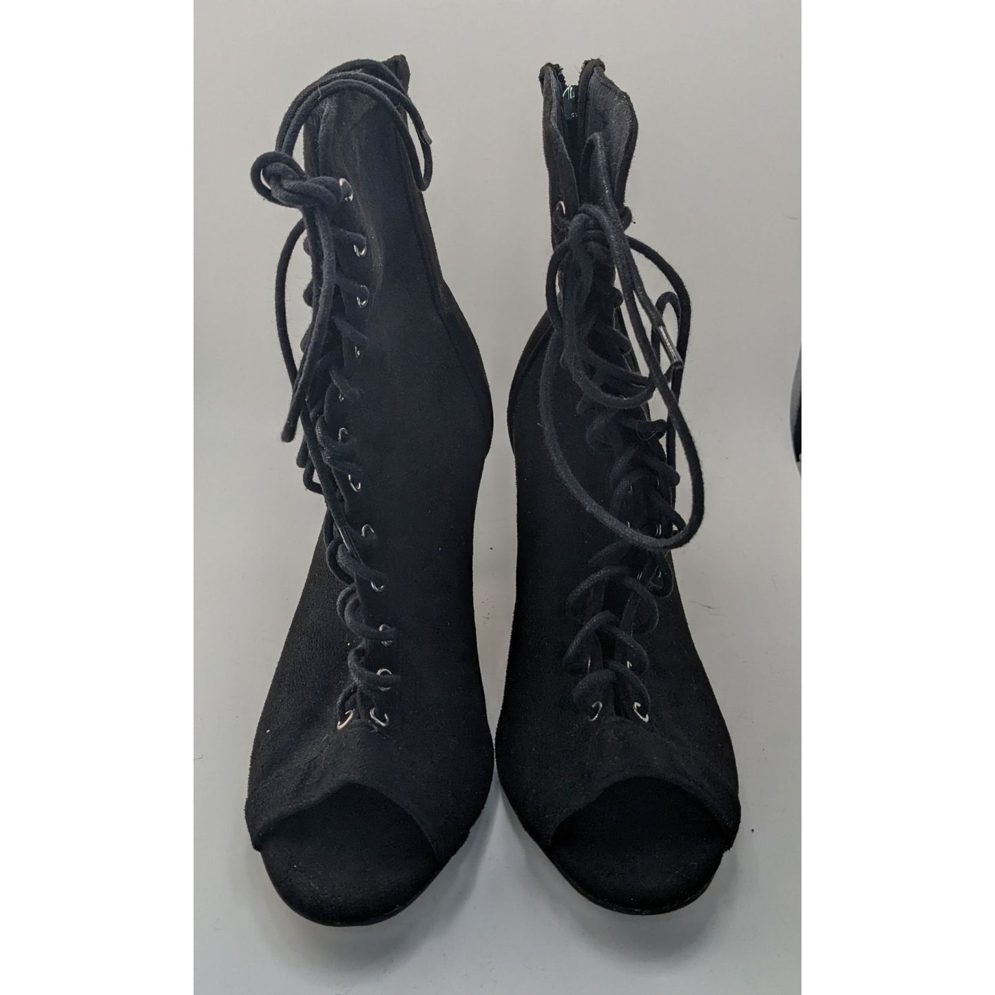 Burju Gothic Black Lace-Up Peep Toe Heeled Booties Size 9 Suede Rear Zipper Closure