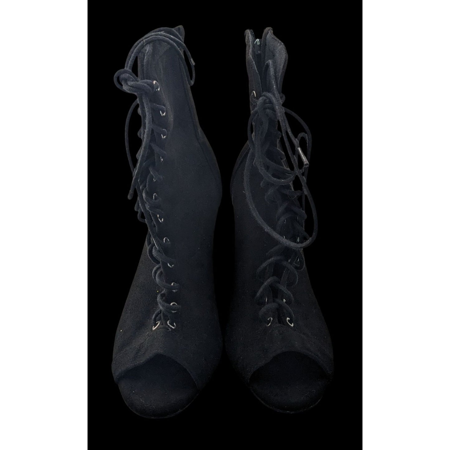 Burju Gothic Black Lace-Up Peep Toe Heeled Booties Size 9 Suede Rear Zipper Closure
