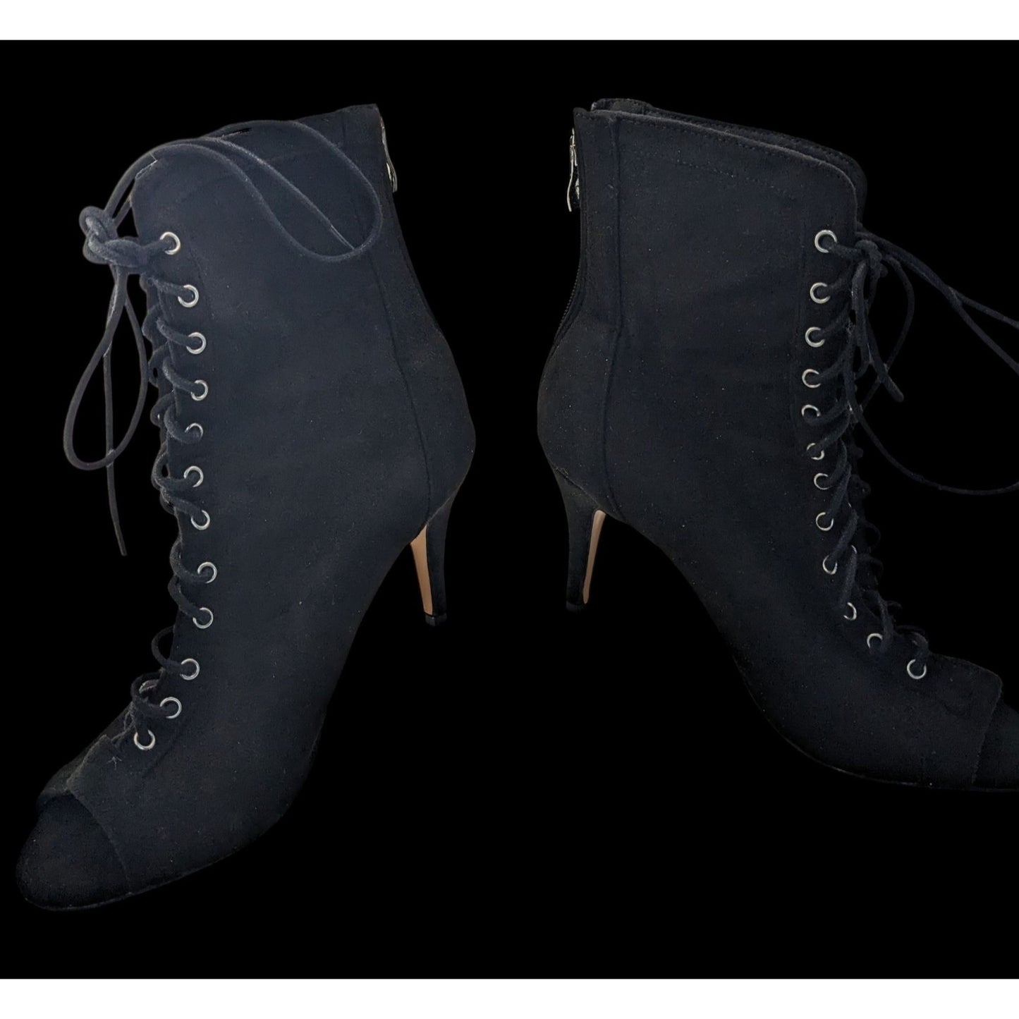 Burju Gothic Black Lace-Up Peep Toe Heeled Booties Size 9 Suede Rear Zipper Closure