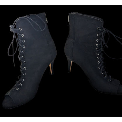 Burju Gothic Black Lace-Up Peep Toe Heeled Booties Size 9 Suede Rear Zipper Closure