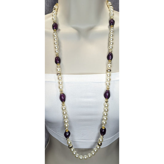 Vintage Glam Faux Pearl & Purple Lucite Beaded Necklace With Gold Tone Accents