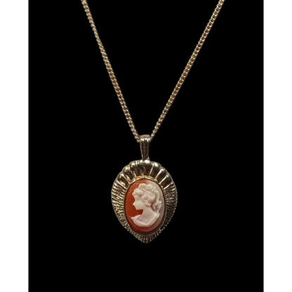 Vintage Cameo Teardrop Pendant Necklace On Gold Tone Chain