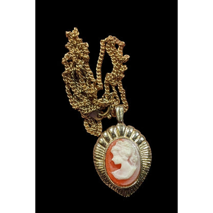 Vintage Cameo Teardrop Pendant Necklace On Gold Tone Chain