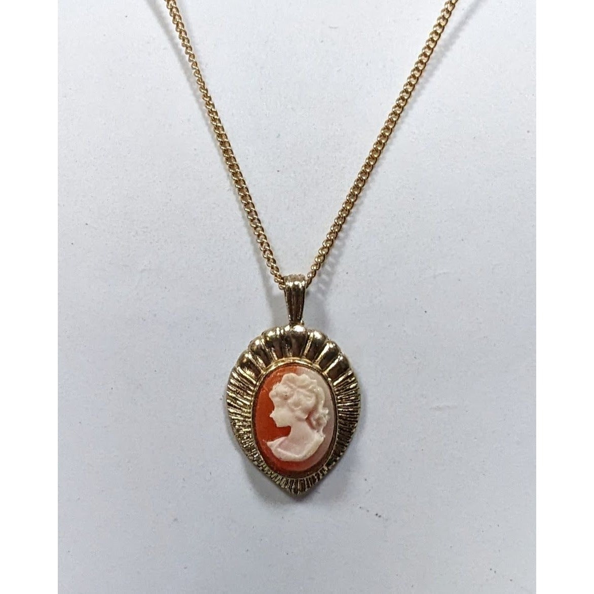 Vintage Cameo Teardrop Pendant Necklace On Gold Tone Chain