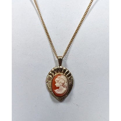 Vintage Cameo Teardrop Pendant Necklace On Gold Tone Chain