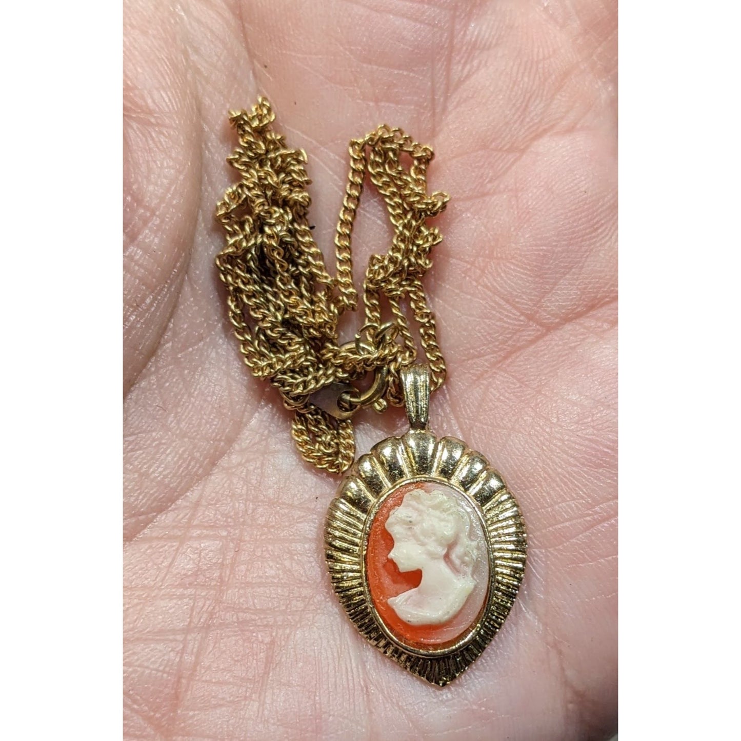 Vintage Cameo Teardrop Pendant Necklace On Gold Tone Chain