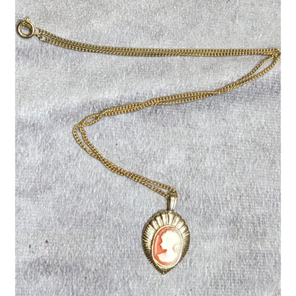 Vintage Cameo Teardrop Pendant Necklace On Gold Tone Chain