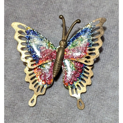 Vintage Gold Tone Rainbow Glitter Butterfly Brooch