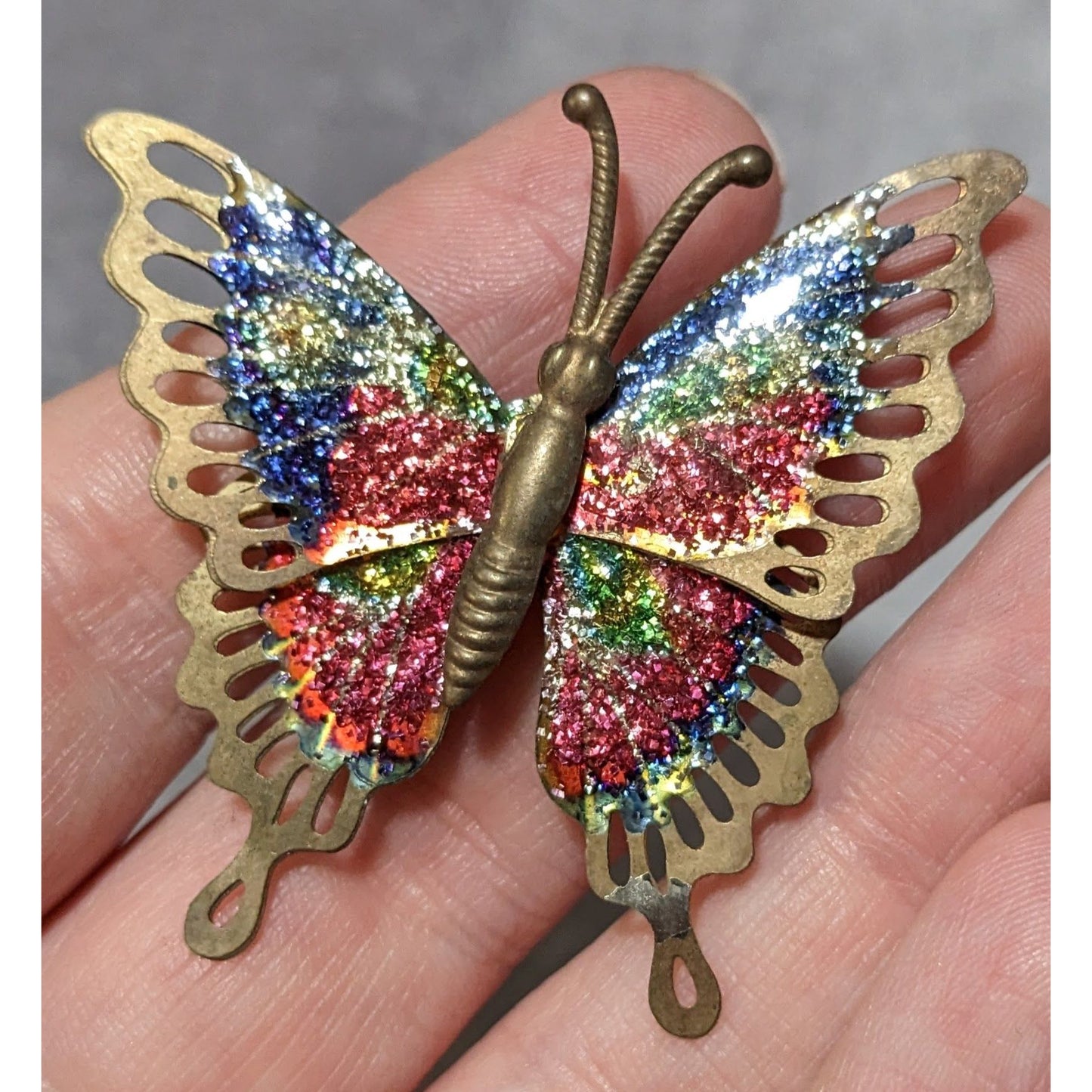 Vintage Gold Tone Rainbow Glitter Butterfly Brooch