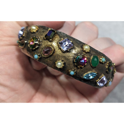 Vintage Brutalist Glam Multi Gemmed Gold Tone Hinge Bracelet