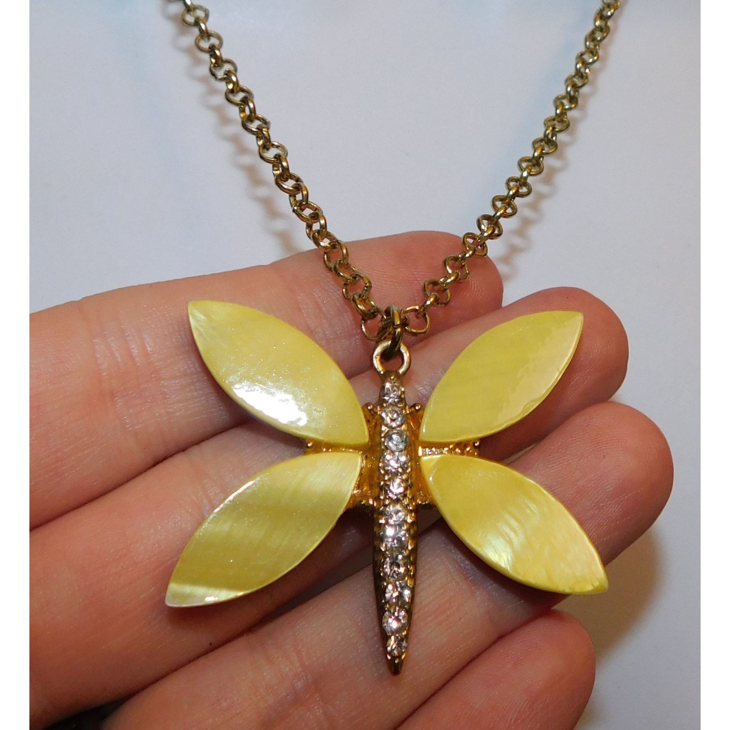 Fairycore Yellow Butterfly Shell And Rhinestone Pendant Necklace
