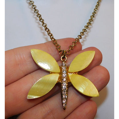 Fairycore Yellow Butterfly Shell And Rhinestone Pendant Necklace