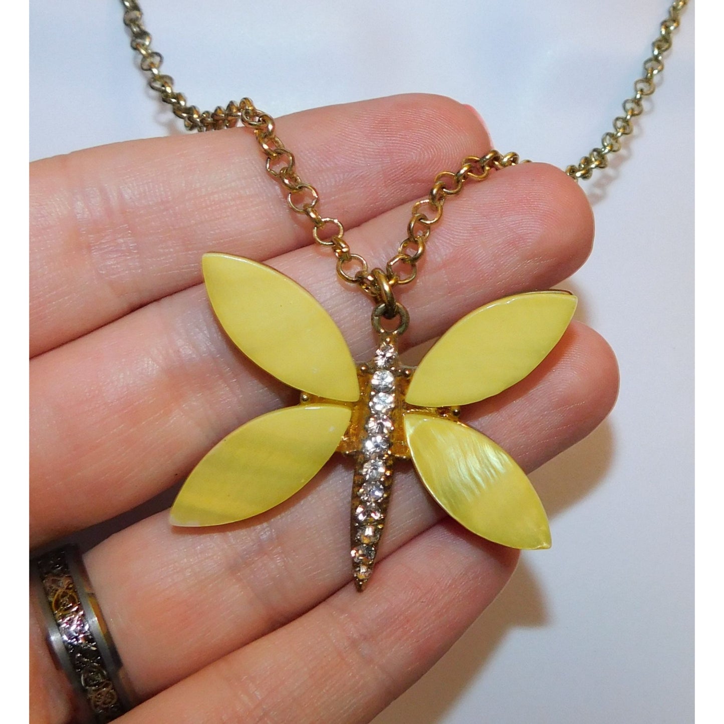 Fairycore Yellow Butterfly Shell And Rhinestone Pendant Necklace