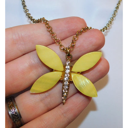 Fairycore Yellow Butterfly Shell And Rhinestone Pendant Necklace