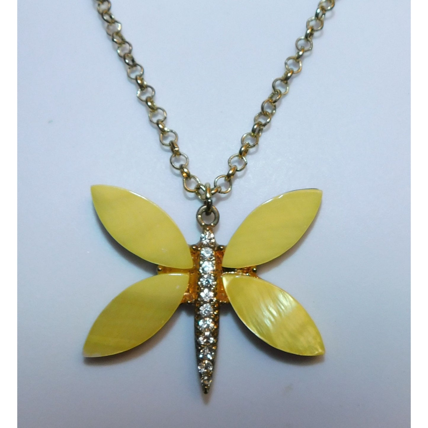 Fairycore Yellow Butterfly Shell And Rhinestone Pendant Necklace