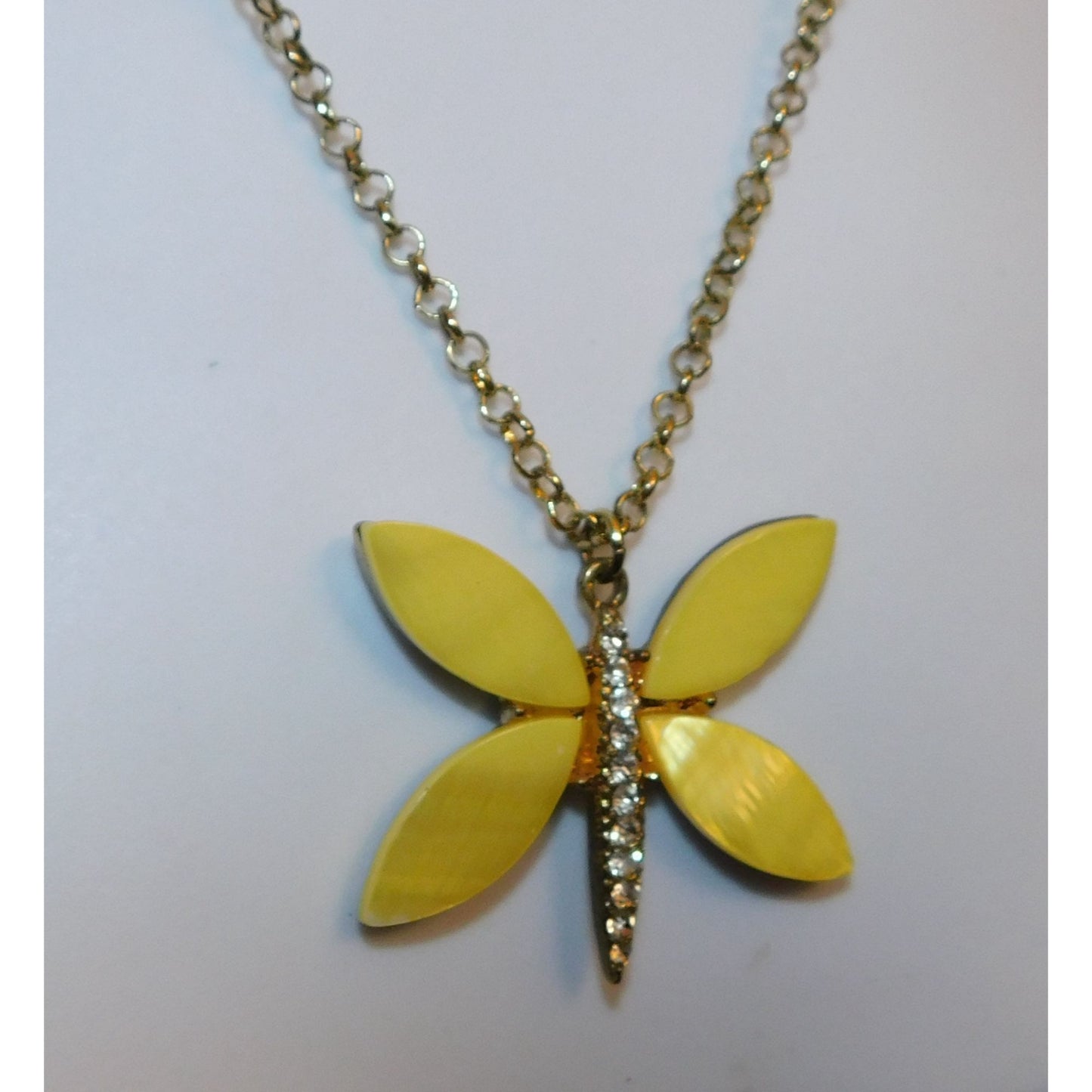 Fairycore Yellow Butterfly Shell And Rhinestone Pendant Necklace