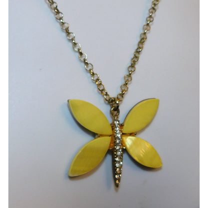 Fairycore Yellow Butterfly Shell And Rhinestone Pendant Necklace