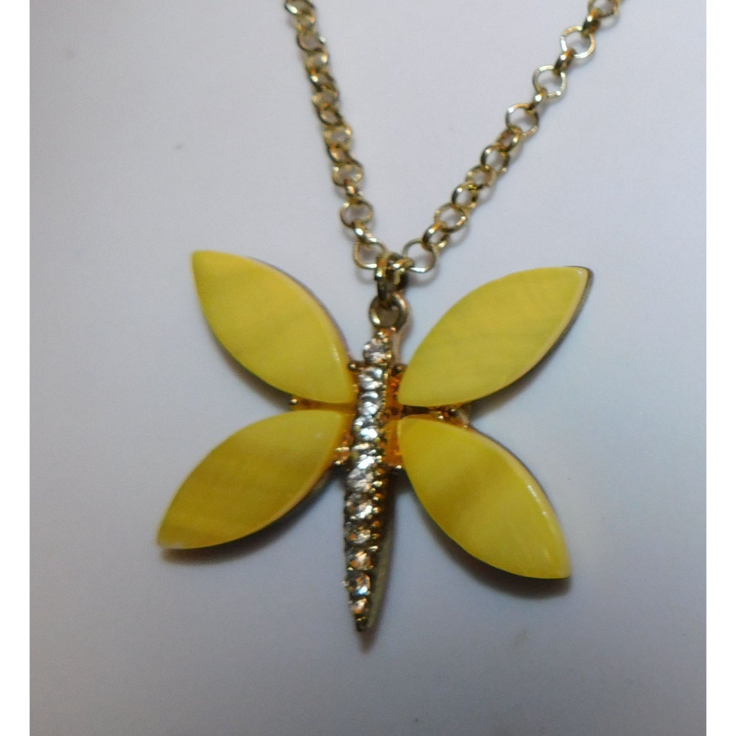 Fairycore Yellow Butterfly Shell And Rhinestone Pendant Necklace