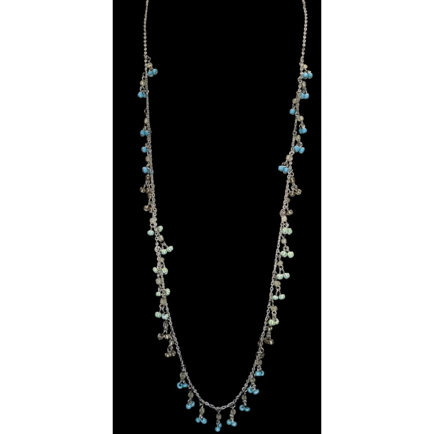 American Eagle Glass Seed Bead Fringe Necklace Blue Silver Boho Beach