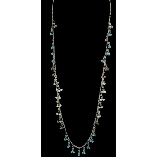 American Eagle Glass Seed Bead Fringe Necklace Blue Silver Boho Beach